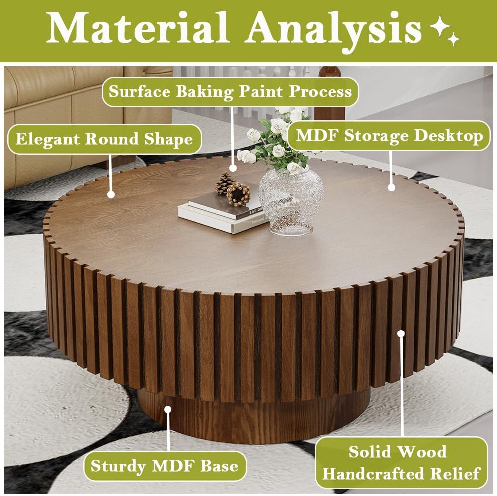 Round Coffee Table for Living Room Round Fluted Drum Coffee Table Modern Brown Fluted Drum Coffee Tables for Living Room (D Walnut 31in)
