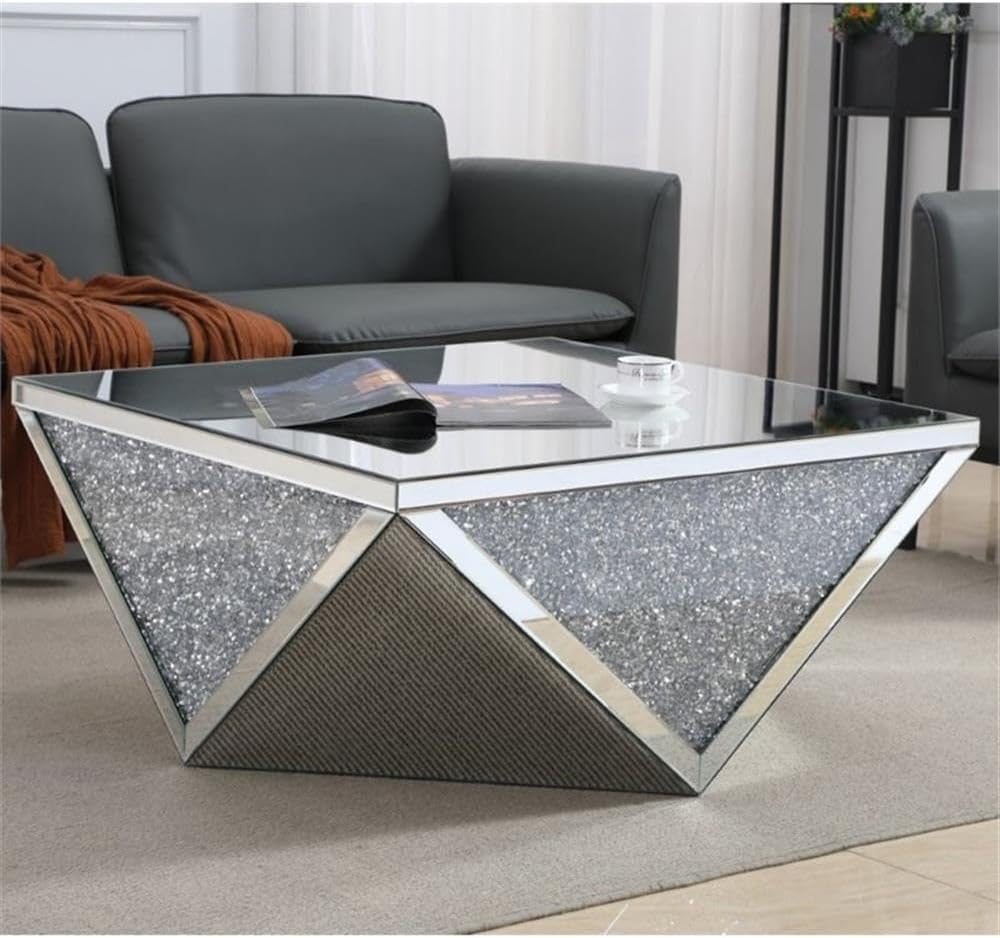 MAKLAINE Modern Square Polygonal Coffee Table, 38 in, Clear Silver Crystal Mirrored Finish, MDF and Glass Construction, Living Room Accent Table, Sleek Design