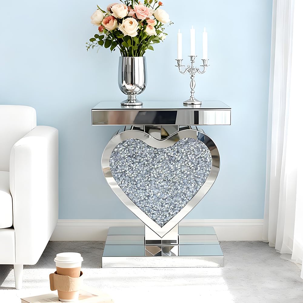 Pregaspor Silver Mirrored End Table, Crystal Inlay Heart Shape Side Table Accent Table, Small Mirrored Coffee Table for Living Room, Bedroom, Corner, 24' H