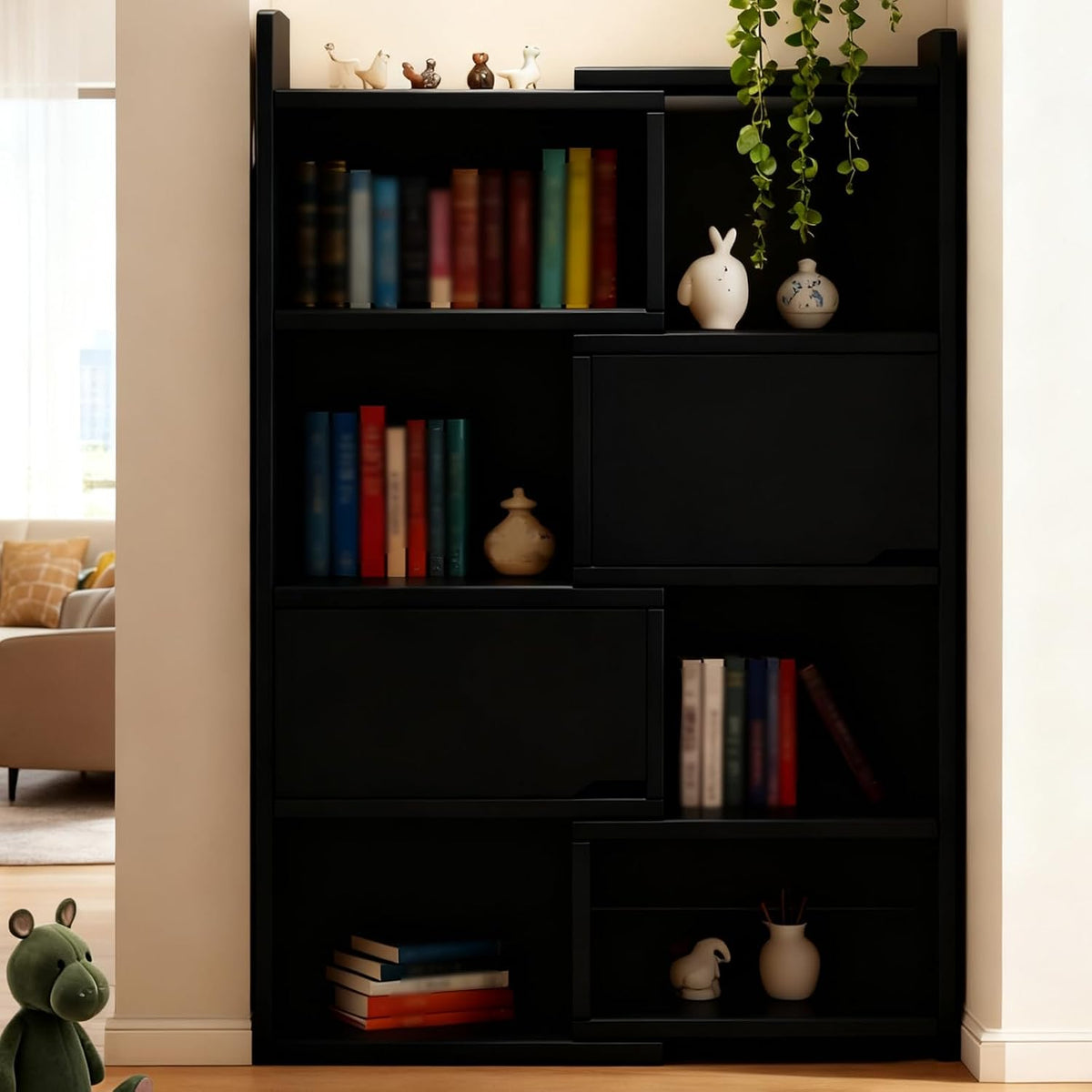 4 Tier Expandable Retractable Bookshelf, Wooden Corner Bookshelf for Living Room, Home Office, Space-Saving, Black Book Shelf