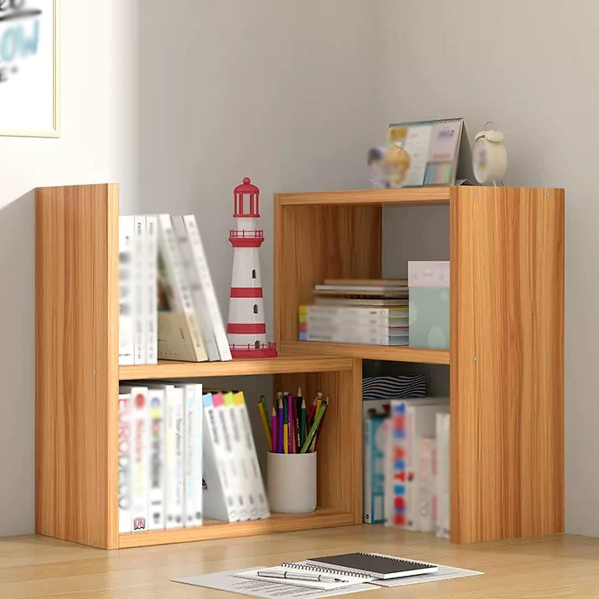 Bookcase Desk Organizers Wood Expandable Desktop Bookshelf Adjustable Shelves Rack Kitchen Counter Storage Organizer for Office Supplies, Makeup, Seasoning