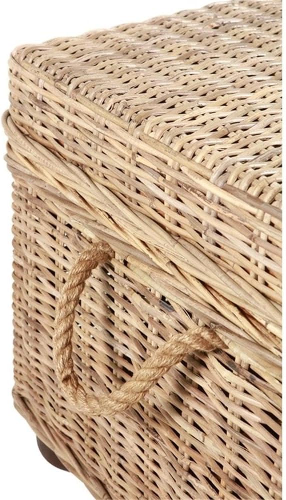 Pemberly Row Modern Kubu Wicker Rattan Storage Trunk, 37 in x 21.25 in x 19 in, Tan Finish, Handmade with Solid Mahogany Frame, Spacious Lift-Top Storage, Versatile Coffee Table for Living Room or