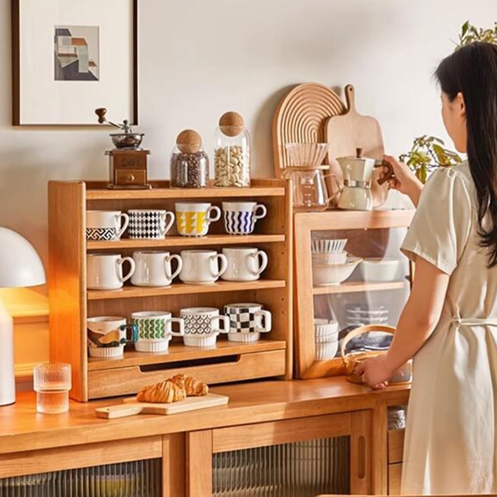 4 Tier Wooden Coffee Tabletop Rack Mug Rack Kitchen Spice Rack Adjustable Corner Shelf For Bathroom Counter Cosmetic Storage Spice Organization And Storage, 55*18*48.5cm, Brown