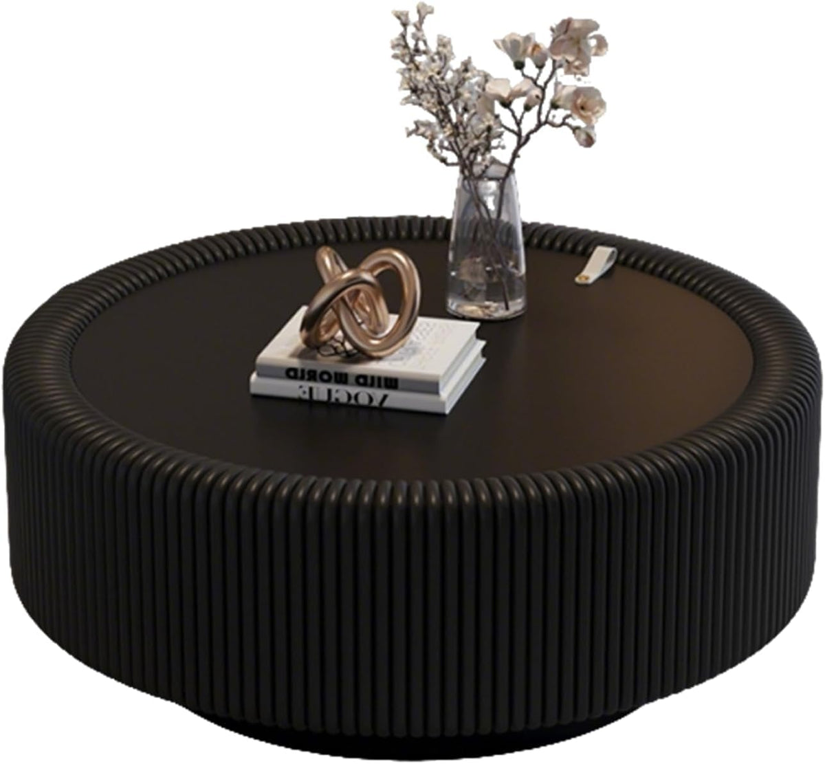 31.5' Black Round Coffee Table, Modern Fluted Drum Center Table with Hidden Storage & Tempered Glass Top & PU Leather Body, Minimalist Circle Glass Coffee Tea Tables for Living Room