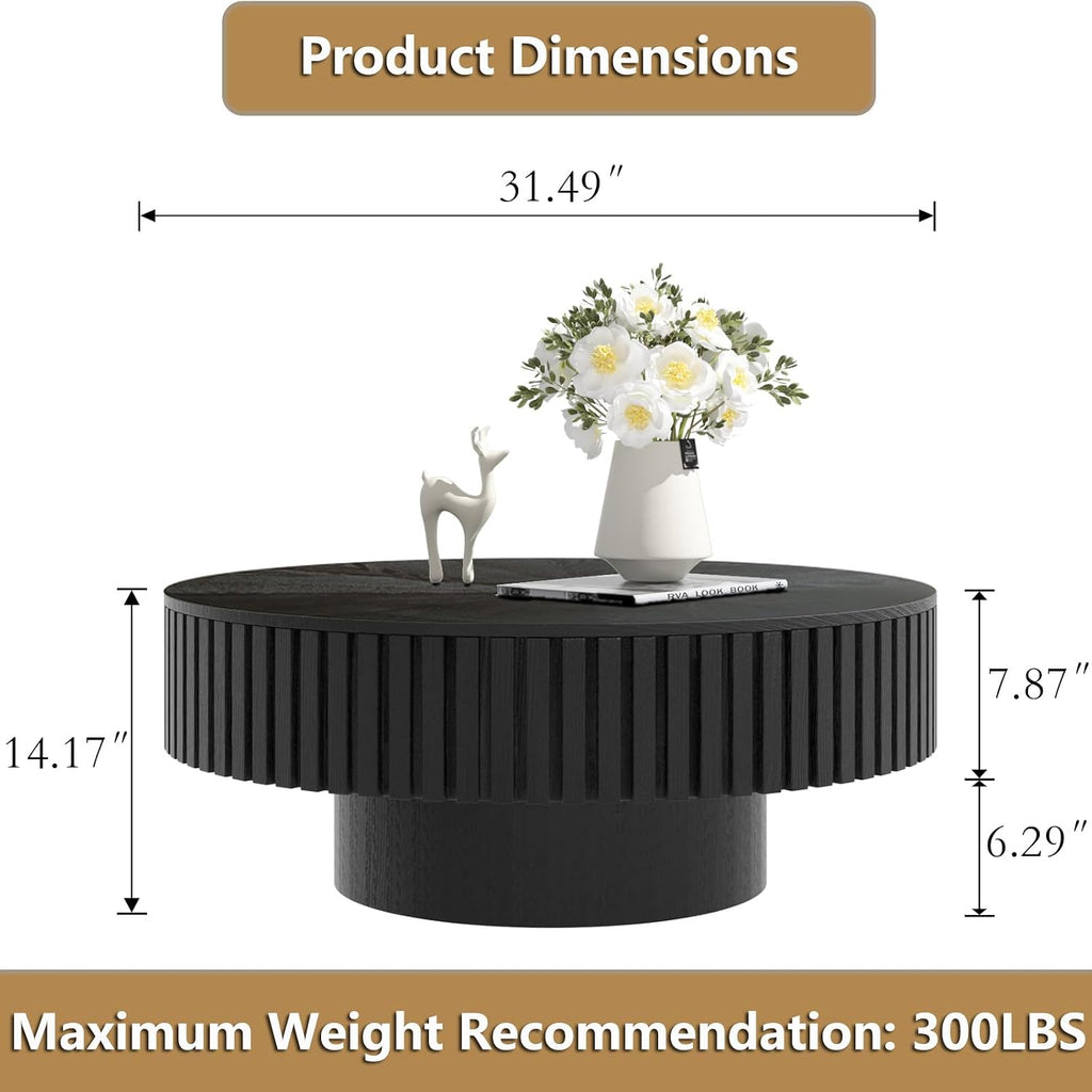 Round Handcraft Fluted Coffee Table with Sturdy Stable Pedestal Modern Luxury Drum Center Table Circle Accent Base Center Tables for Living Room Apartment (J)