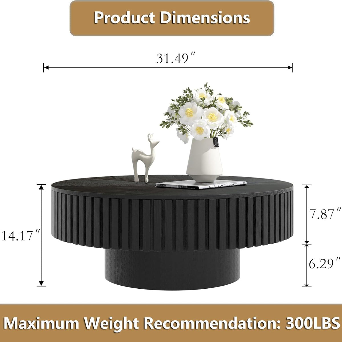 Round Handcraft Fluted Coffee Table with Sturdy Stable Pedestal Modern Luxury Drum Center Table Circle Accent Base Center Tables for Living Room Apartment (J)