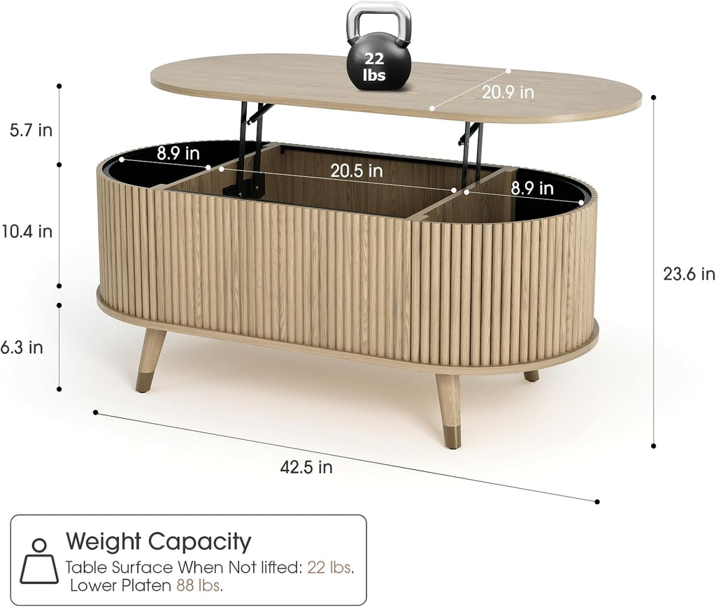 Jiansu furni Lift Top Coffee Table with Storage,42.5' Oval Coffee Table with Hidden Compartment & Solid Wood Legs,Modern Fluted Center Table for Living Room,Home Office,Oak
