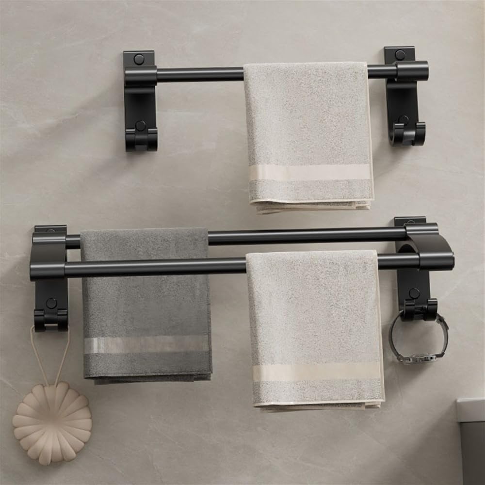 Bathroom Shower Organizer Bath Towel Bar, Thicken Aluminum Towel Hanger with 2 Towel Rods and 2 Hooks, Wall Mounted Towel Rack Hanger No Drilling Towel Bar, 3 Colors Bathroom Shelves(Black,80cm)