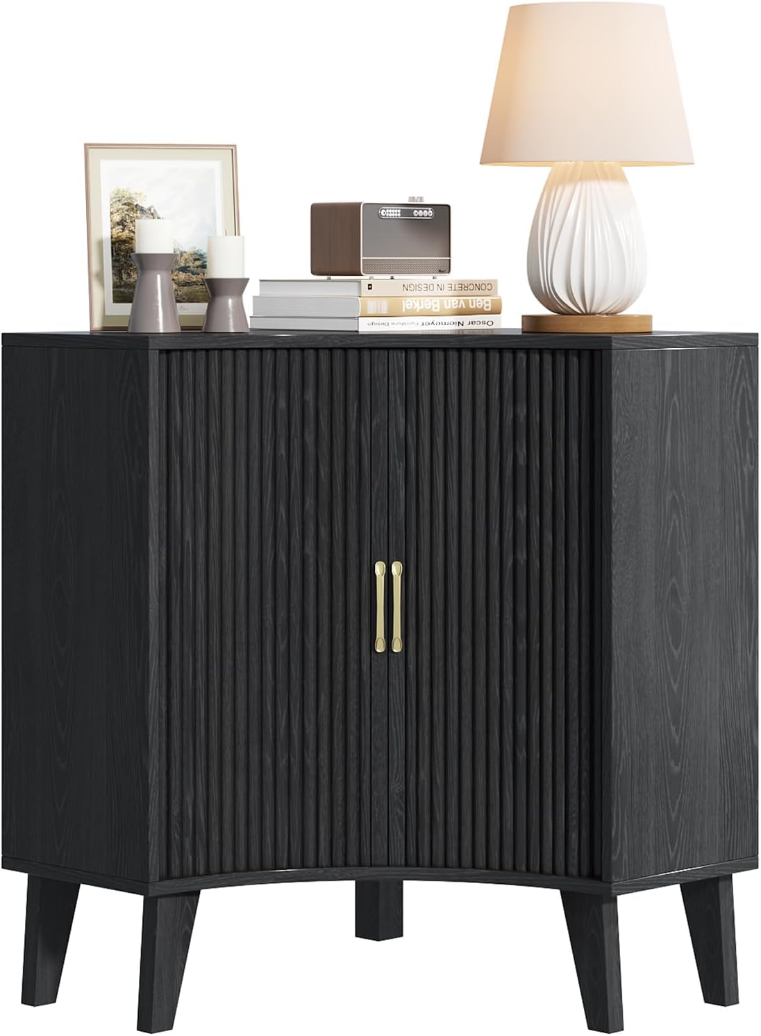 Fluted Corner Cabinet, Small Corner Floor Cabinet with 2-Sliding Doors and Adjustable Shelves, Freestanding Narrow Organizer for Small Space,Living Room, Dining RoomBathroom.Black
