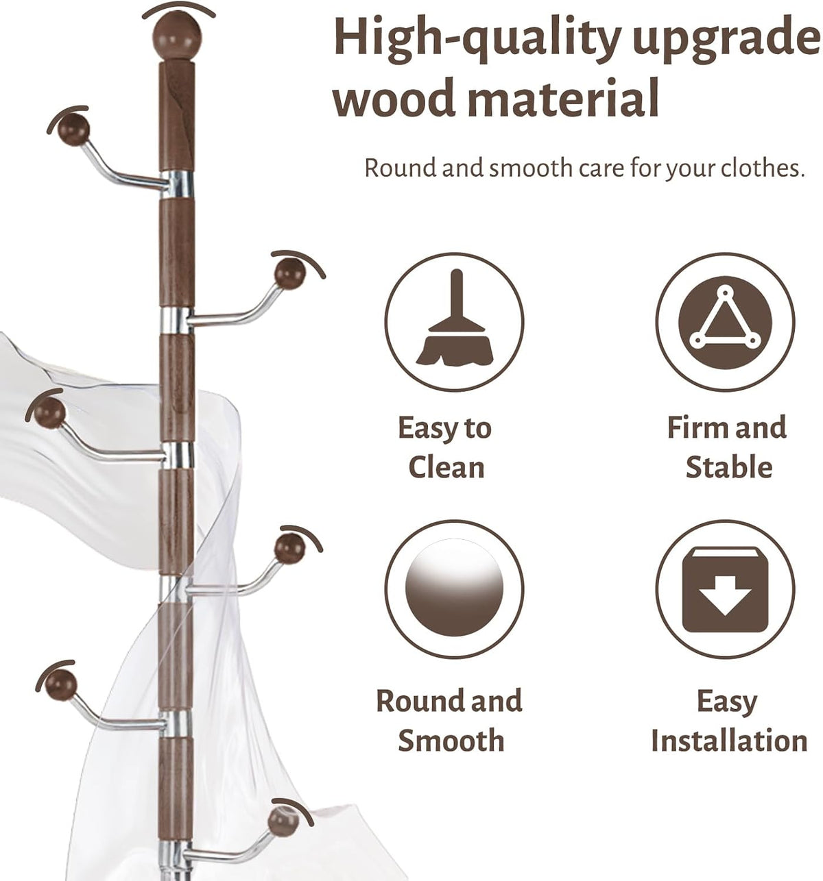 Coat Rack Freestanding, Metal Wooden Coat Tree with 6 Hooks, Heavy Duty Coat Hanger Stand with Resin and Stainless Steel Base, Free Standing Hall Tree for Scarf, Bag, Jacket (Walnut metal)