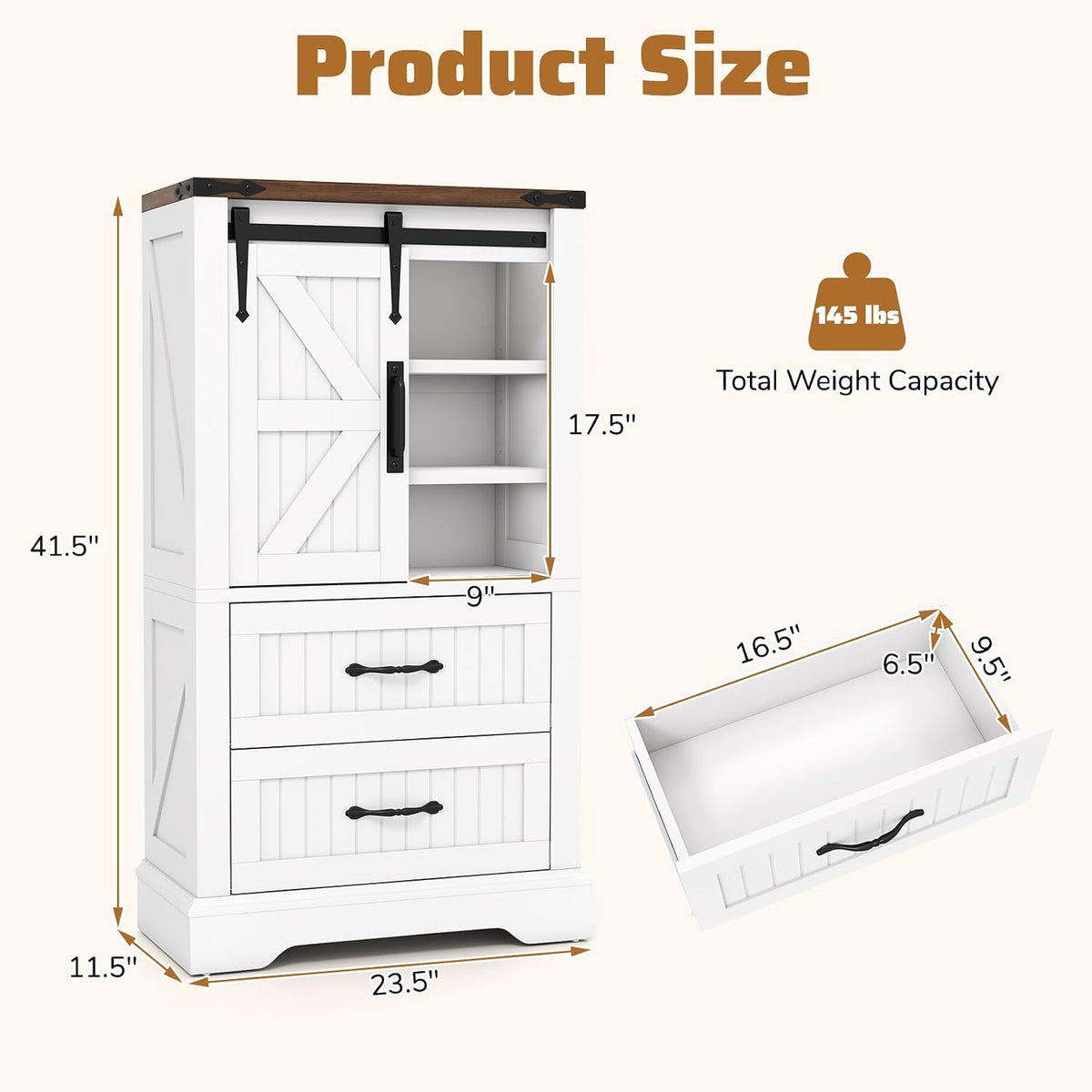 LOKO Farmhouse Bathroom Floor Cabinet, Freestanding Storage Cabinet with Sliding Barn Door, Adjustable Shelves & 2 Storage Drawers, Wooden Storage Organizer for Living Room, Entryway, Kitchen, White &