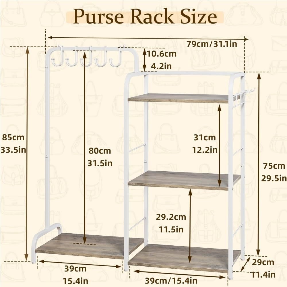 Large Capacity Mental Purse Organizer for Closet, Multifunctional 3-Tier Bag Rack with Hooks, Freestanding Handbag Storage for Cloakroom, Bedroom, Living Room