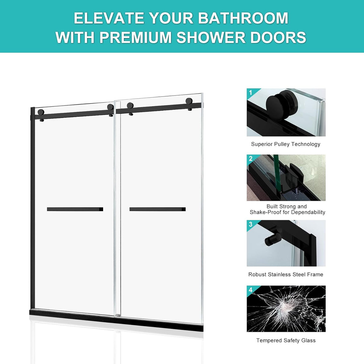 Milano Shower Door, 60' W x 74' H Framed Double Sliding Shower Door 5/16'(8mm) Clear Tempered Glass, 18 inch Pull Handle, Stainless Steel Hardware, Matte Black Finished