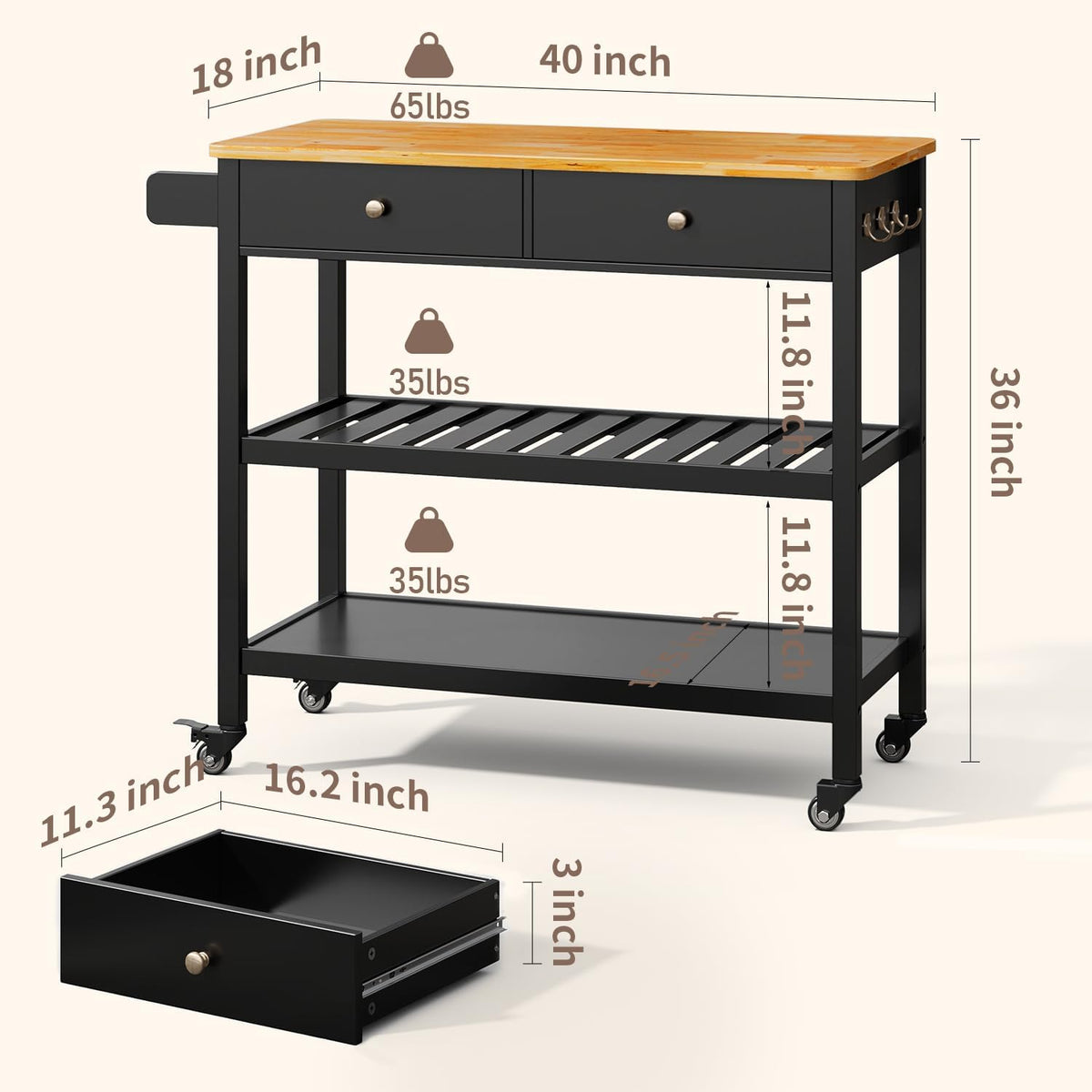 Gizoon Kitchen Island Cart with Storage, 40'' Wooden Top, 2 Tiers Spacious Shelves and Towel Bar, 2 Drawer Mobile Trolley Cart On Metal Wheels with Hooks for Dining Room, Bar, Outdoor, Black