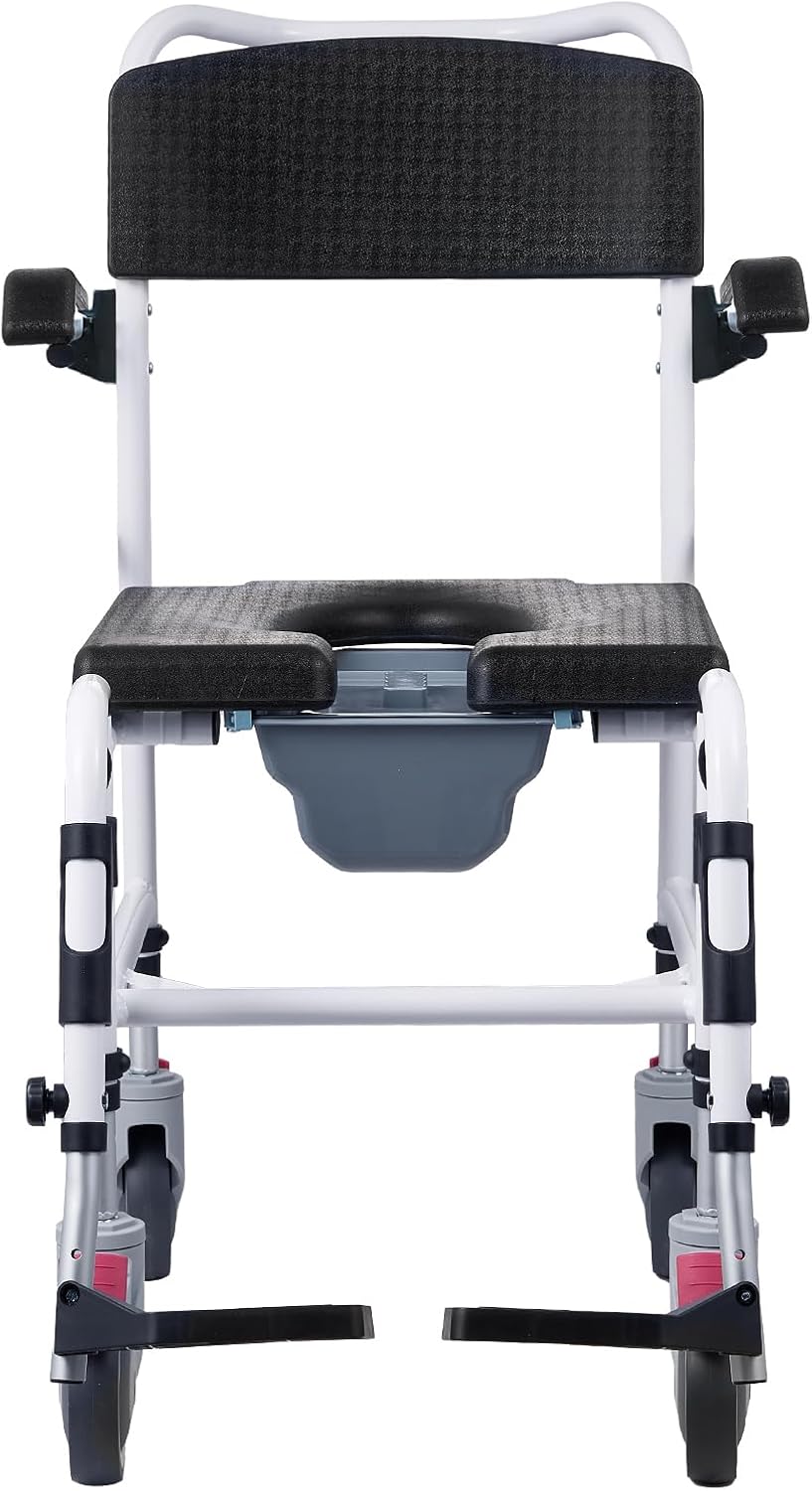 VEVOR Shower Commode Wheelchair with 4 Lockable Wheels, Footrests, Flip-up Arms, 3-Level Adjustable Height, 5L Removable Bucket, 350 LBS Capacity, Commode Chair for Adults Seniors