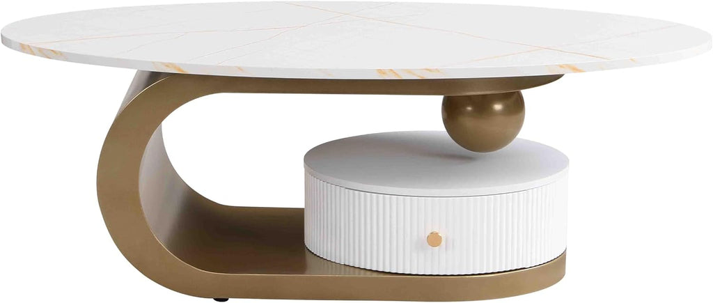 Modern Oval Coffee Table Set of 2, White Nesting Coffee Tables with Storage Drawer for Living Room, Faux Marble Coffee Table and Round End Table Luxury Living Room Accent Table for Apartment,Gold