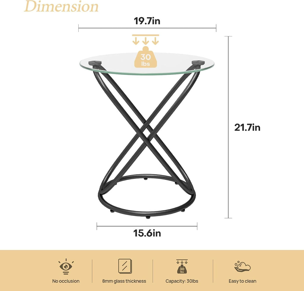 BECHAEO Round Glass End Table Set of 2, 19.7'' Modern Side Table with Tempered Glass Tabletop, Unique Ring-Shaped Frame End Table for Living Room Bedroom