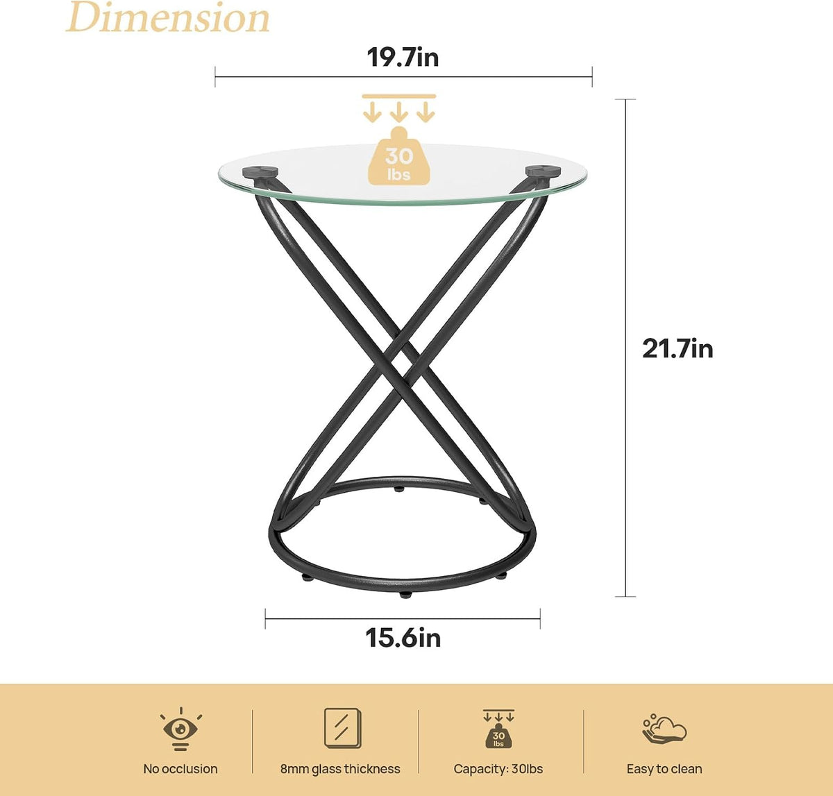 BECHAEO Round Glass End Table Set of 2, 19.7'' Modern Side Table with Tempered Glass Tabletop, Unique Ring-Shaped Frame End Table for Living Room Bedroom