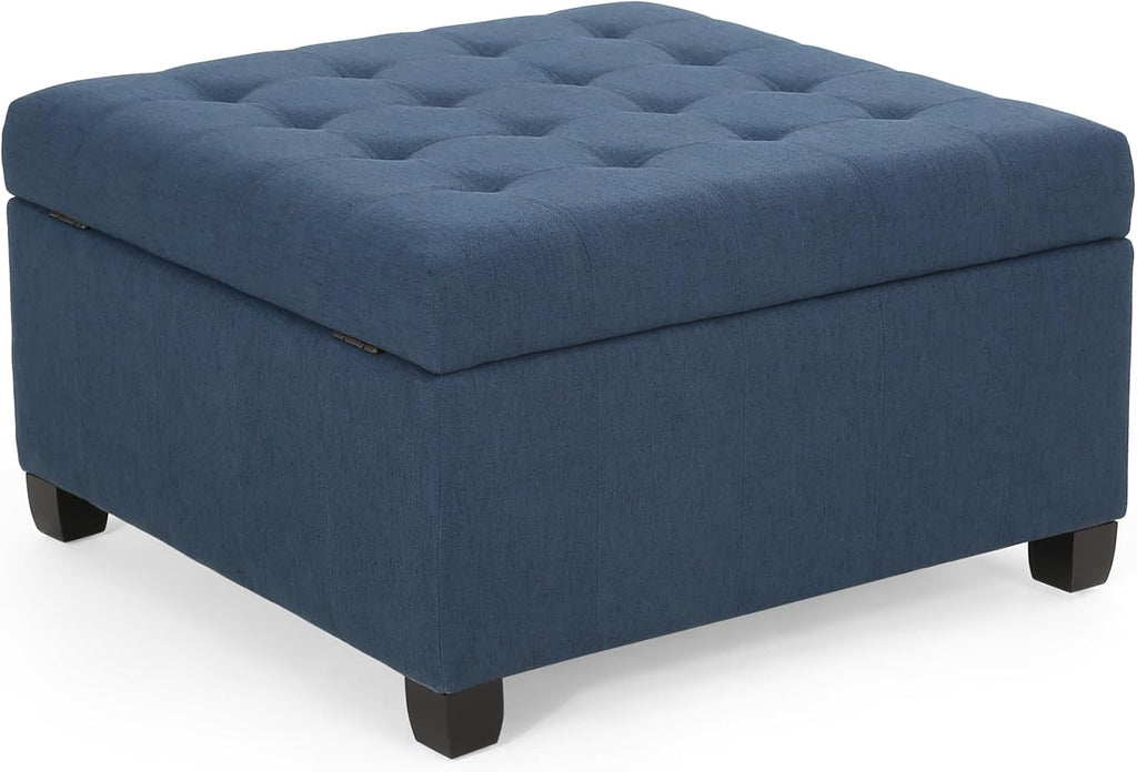 YOPTO 31' Square Storage Ottoman,Linen Footrest with Wooden Legs,Upholstered Button Tufted Coffee Table for Living Room,Navy Blue