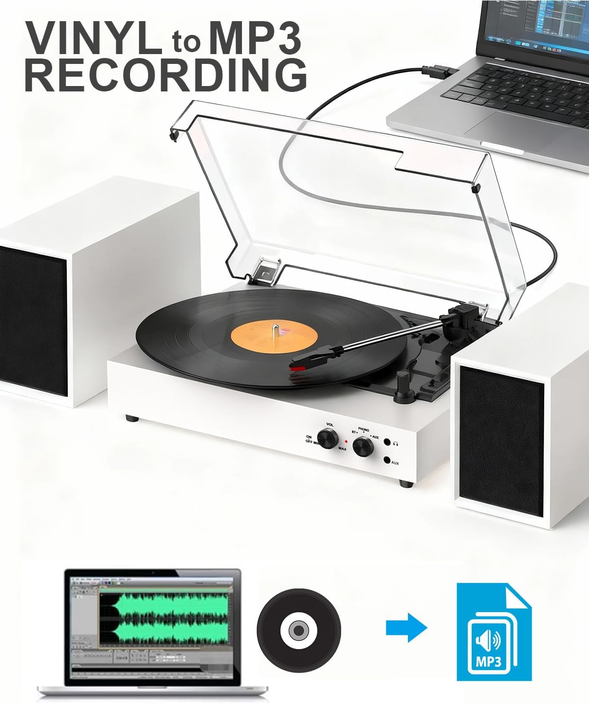 Bluetooth Record Player with External Stereo Speakers, Vintage 3-Speed Turntable | PC Recording Vinyl to MP3 | RCA Headphone Output & AUX Input for External Audio, White