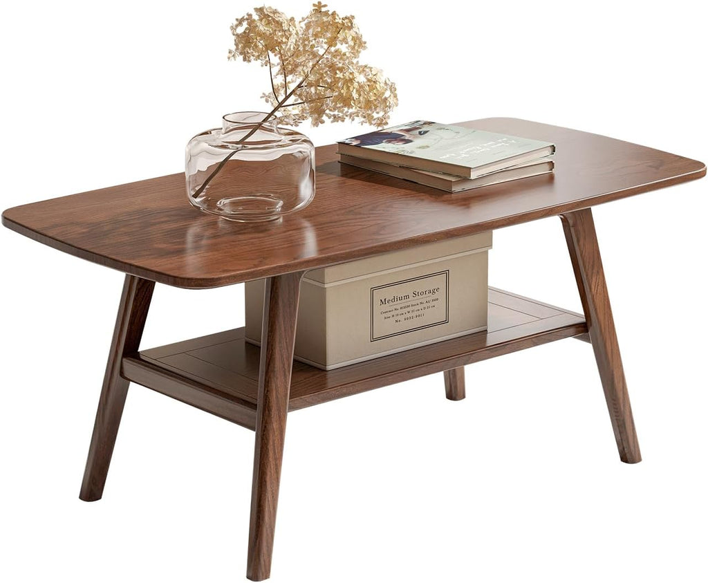 100% Solid Oak Wood Coffee Table for Living Room, 2-Tier Living Room Table with Storage Shelf, Mid Century Modern Coffee Tables (Walnut Colour, 39.37' W x19.68 D x 17.32' H)
