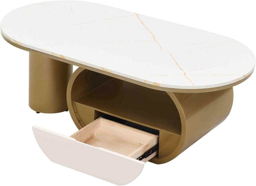 Modern Oval Coffee Table, 47.24' White Faux Marble Coffee Table with Storage Drawer, Luxury Living Room Coffee Accent Center Table with Gold Base for Apartment