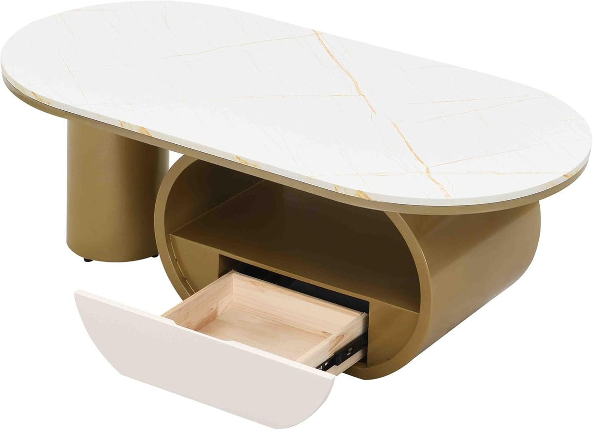 Modern Oval Coffee Table, 47.24' White Faux Marble Coffee Table with Storage Drawer, Luxury Living Room Coffee Accent Center Table with Gold Base for Apartment