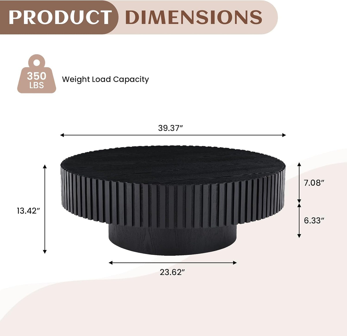 39.37' Round Wood Coffee Table, Modern Unique Circle Coffee Table, Contemporary Oak Drum Fluted Accent Side Table Center Table for Living Room, Office, Apartment, Black