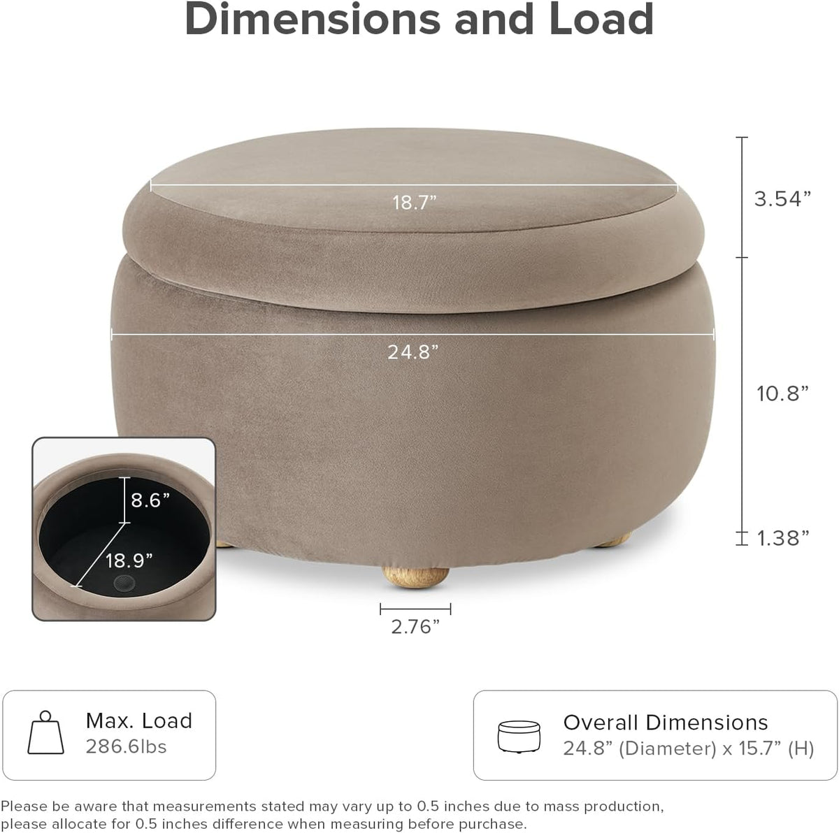 mopio Luna Round Ottoman with Storage and Tray, Round Coffee Table with Storage, Upholstered Foot Stools Ottoman for Living Room, Bedroom, with Solid Rubberwood Legs (Mocha Brown Premium Velvet)