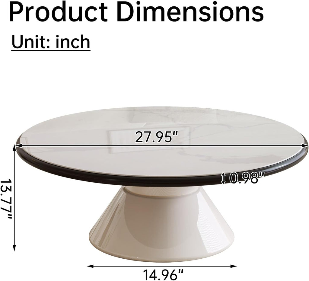 Round Faux Marble Look Coffee Table, White CenterTable with Stable Pedestal, Modern Tempered Glass Designed White Marble Dining Table for Kitchen,Living Room,Apartment,Restaurant