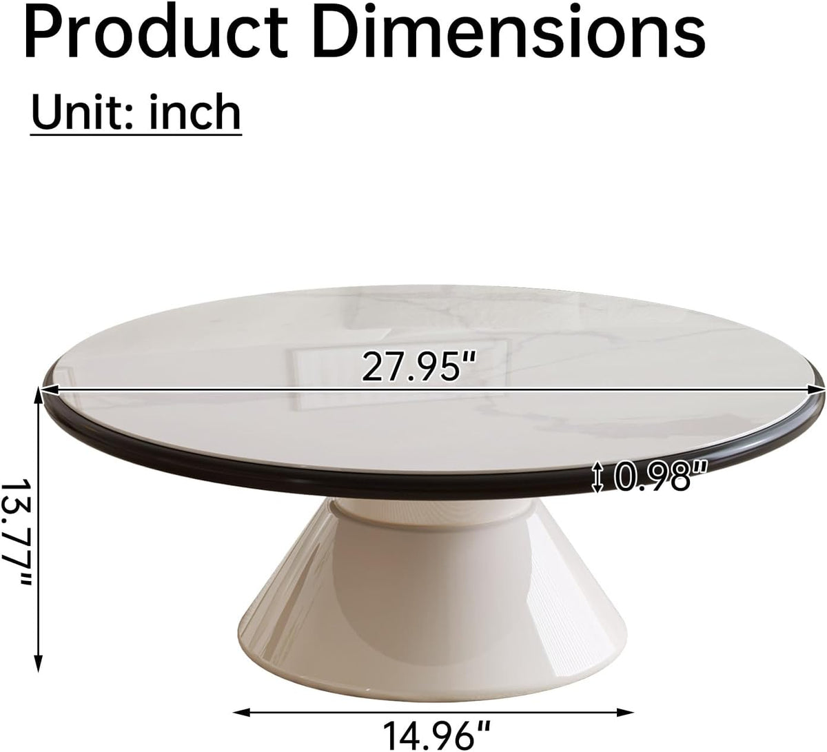 Round Faux Marble Look Coffee Table, White CenterTable with Stable Pedestal, Modern Tempered Glass Designed White Marble Dining Table for Kitchen,Living Room,Apartment,Restaurant