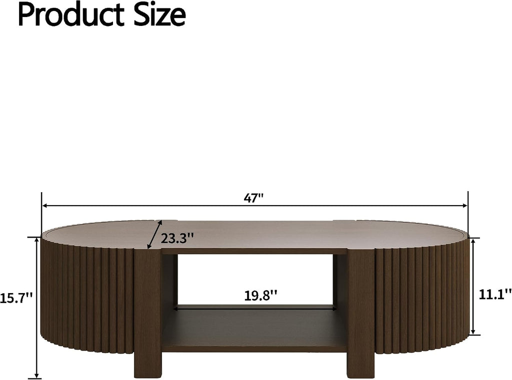 Oval Coffee Table with Storage, Fluted Coffee Table with Shelves and 2 Open Doors, Center Table for Living Room, Bedroom, Apartment or Office, Walnut