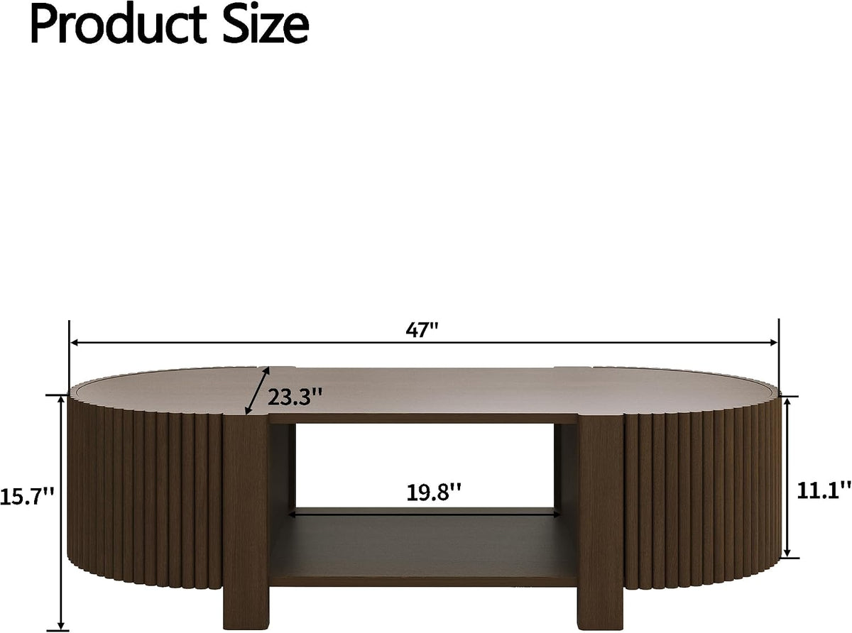Oval Coffee Table with Storage, Fluted Coffee Table with Shelves and 2 Open Doors, Center Table for Living Room, Bedroom, Apartment or Office, Walnut