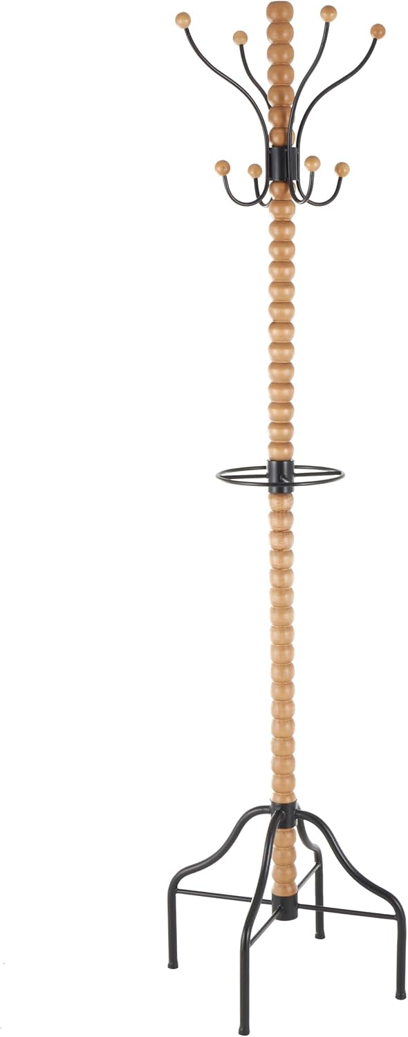 Deco 79 Wood Spindle 8 Hook Coat Rack with Black Metal Accents and Beaded Ends, 18' x 18' x 72', Brown