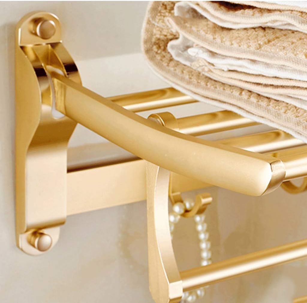 Bath Towel Rack Bathroom Shelves,Foldable Wall Mounted Double Towel Holder with Towel Bar,Polished