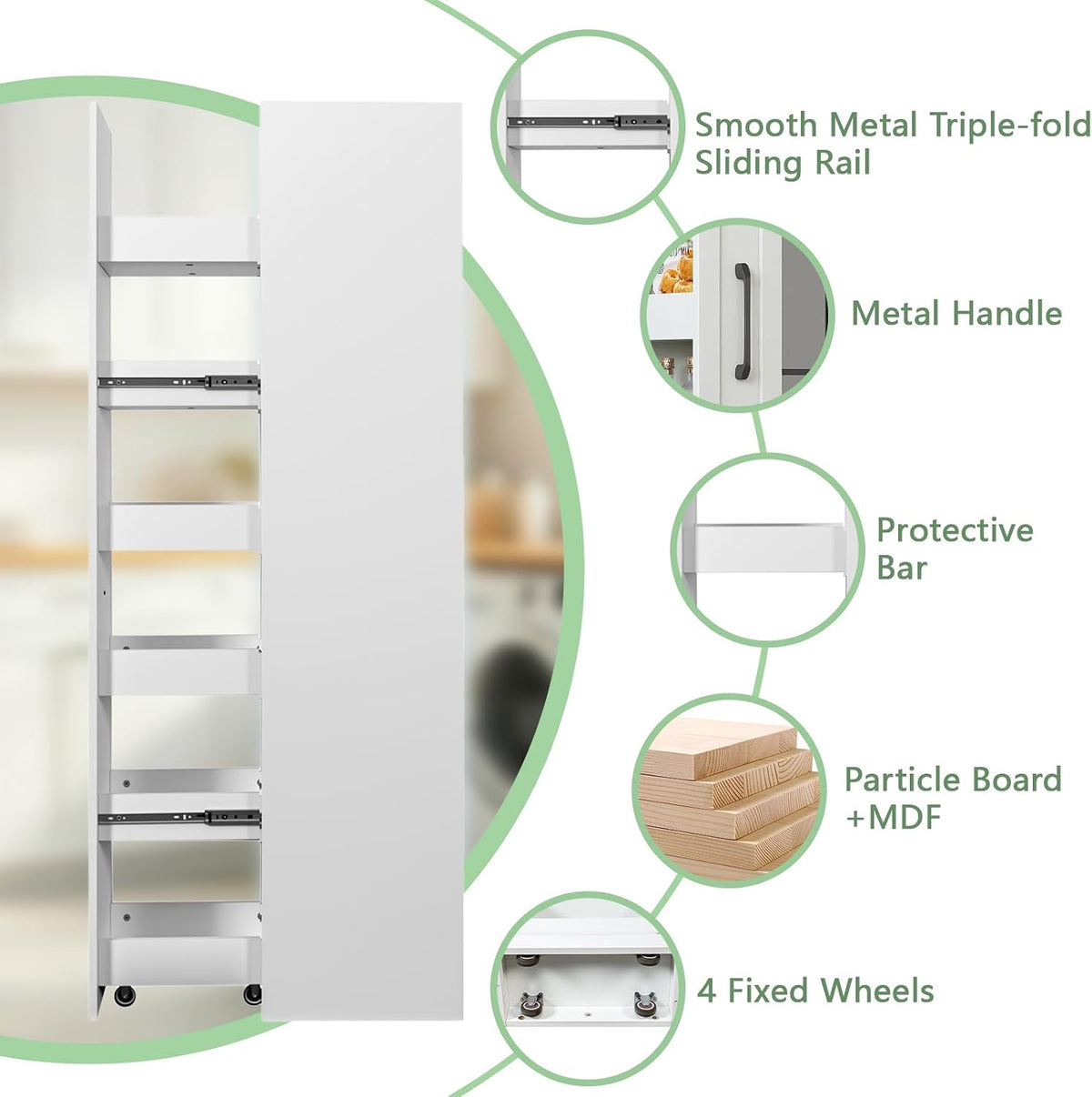 6-Tier Slim Rolling Cart - White Wooden Spice Rack on Wheels - Mobile Storage Shelving Unit for Kitchen, Bathroom & Laundry - Narrow Pull-Out Pantry Organizer for Small Spaces & Next to Fridge