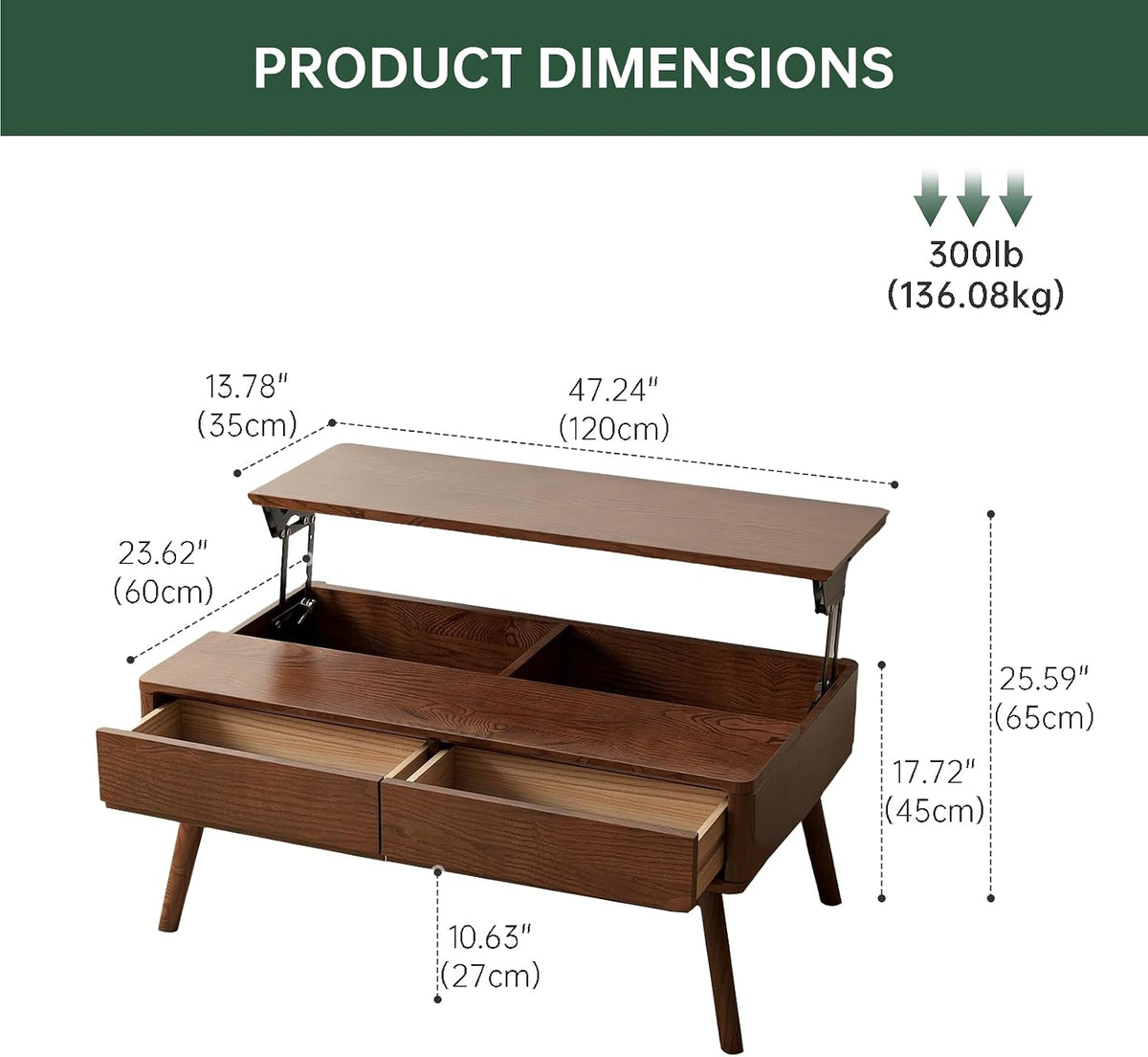 100% Solid Wood Lift Top Coffee Table for Living Room, Mid Century Modern Tables with Drawers and Large Storage, Oak Wood Coffee Tables for Small Spaces (Oak Walnut Color, 47.24'W x 23.62'D x 25.59'H)
