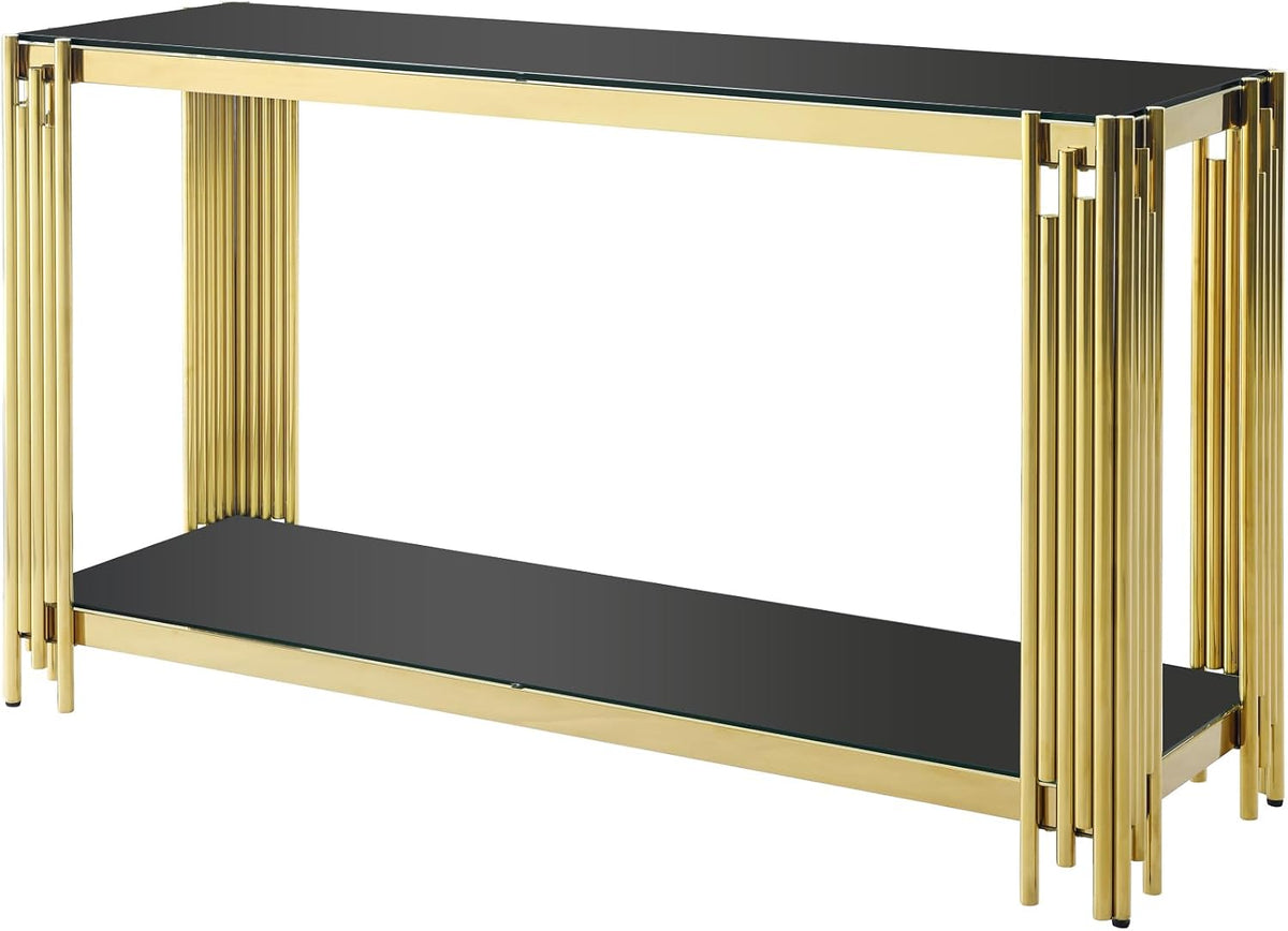Modern Glass Console Table, 55' Entryway Sofa Table with Gold Stainless Steel Frame and Black Glass Top, Luxury Rectangular 2-Tier Console Table with Storage Shelves for Living Room