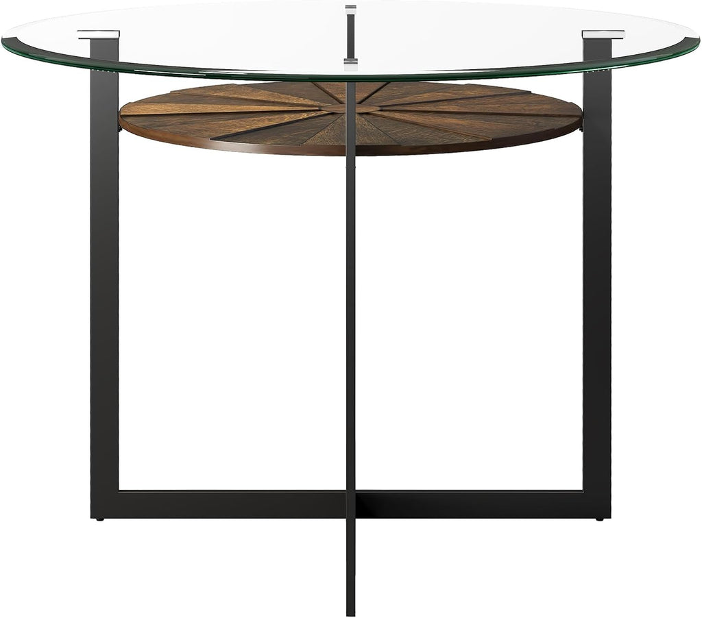 Round 45' Dining Table with 10mm Tempered Glass Top, Circle Dinner Pedestal Table for Dining Room Modern Industrial Kitchen Tables with Wood Brown Shelf and Black Metal Leg Easy Assembly CZ-B2616