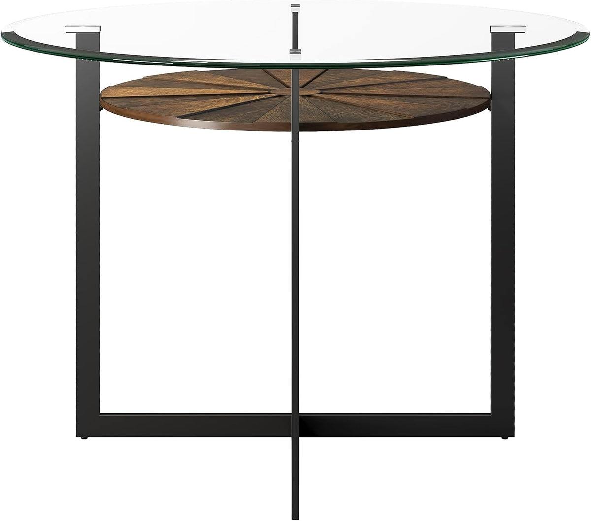 Round 45' Dining Table with 10mm Tempered Glass Top, Circle Dinner Pedestal Table for Dining Room Modern Industrial Kitchen Tables with Wood Brown Shelf and Black Metal Leg Easy Assembly CZ-B2616