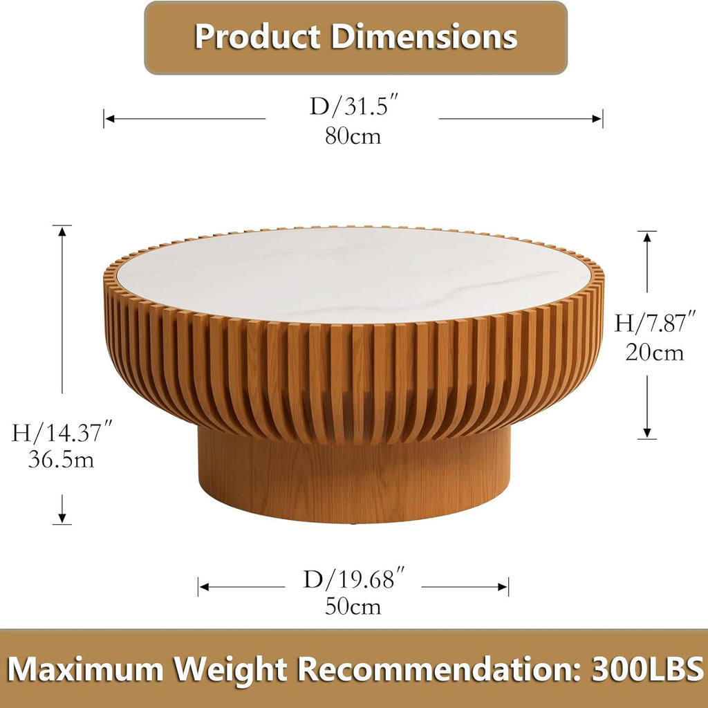 Round Handcraft Fluted Coffee Table with Sturdy Stable Pedestal Modern Luxury Drum Center Table Circle Accent Base Center Tables for Living Room Apartment (R)