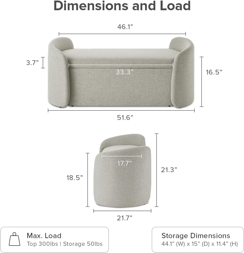 mopio Sophie 51' Ottoman Storage Bench, Entryway and Window Seating, End of Bed Curved Stool for King & Queen Bed, Storage Chest for Bedroom (Light Gray Fabric)