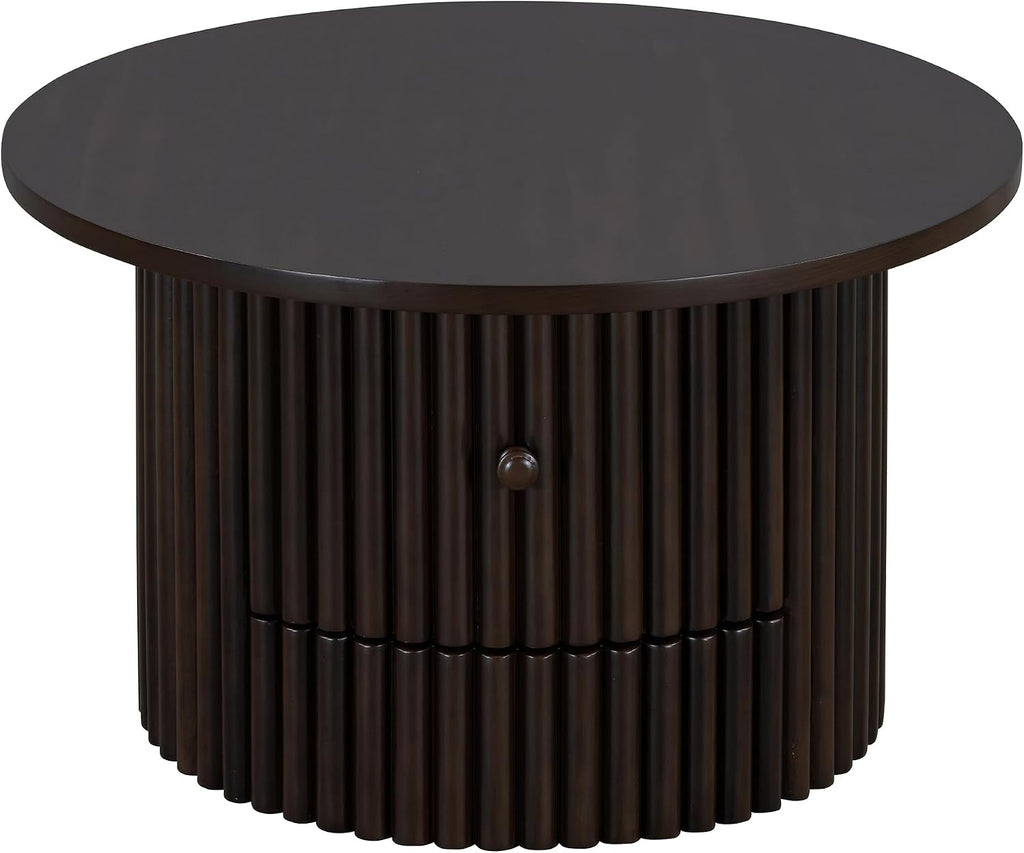 Round Coffee Table for Living Room in Dark Brown, Farmhouse Coffee Table with a Drawer, Center Table with Vertical Slat Base in 30.5'
