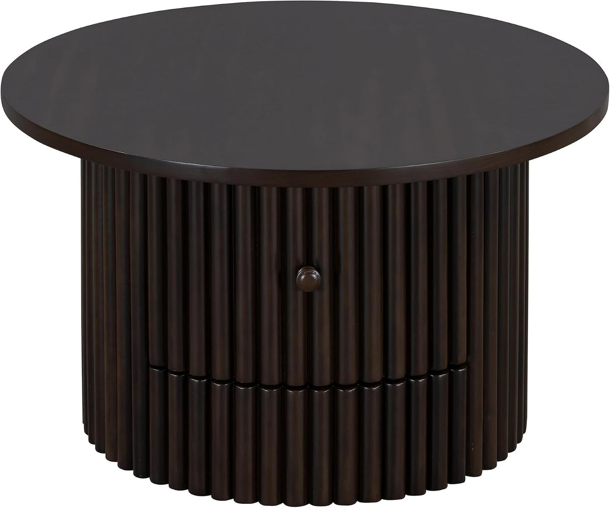Round Coffee Table for Living Room in Dark Brown, Farmhouse Coffee Table with a Drawer, Center Table with Vertical Slat Base in 30.5'