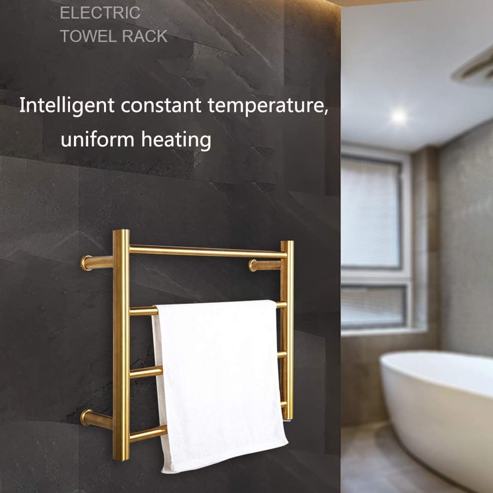 Towel Warmer, Gold Electric Heated Towel Rack Stainless Steel Electric Drying Rack Wall Mounted Bath Towel Heater with 4 Bars Clothes Airer Dryer for Bathroom, 45×54×12cm,Ha(