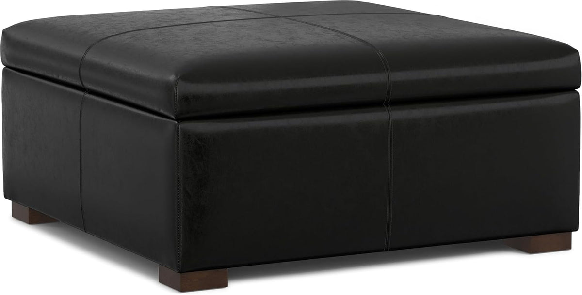 SIMPLIHOME Gabbie Storage Ottoman - 48 inch Wide Upholstered Vegan Leather Rectangle Storage Ottoman Bench in Midnight Black, Contemporary Ottoman for Living Room with Lift-Up Lid