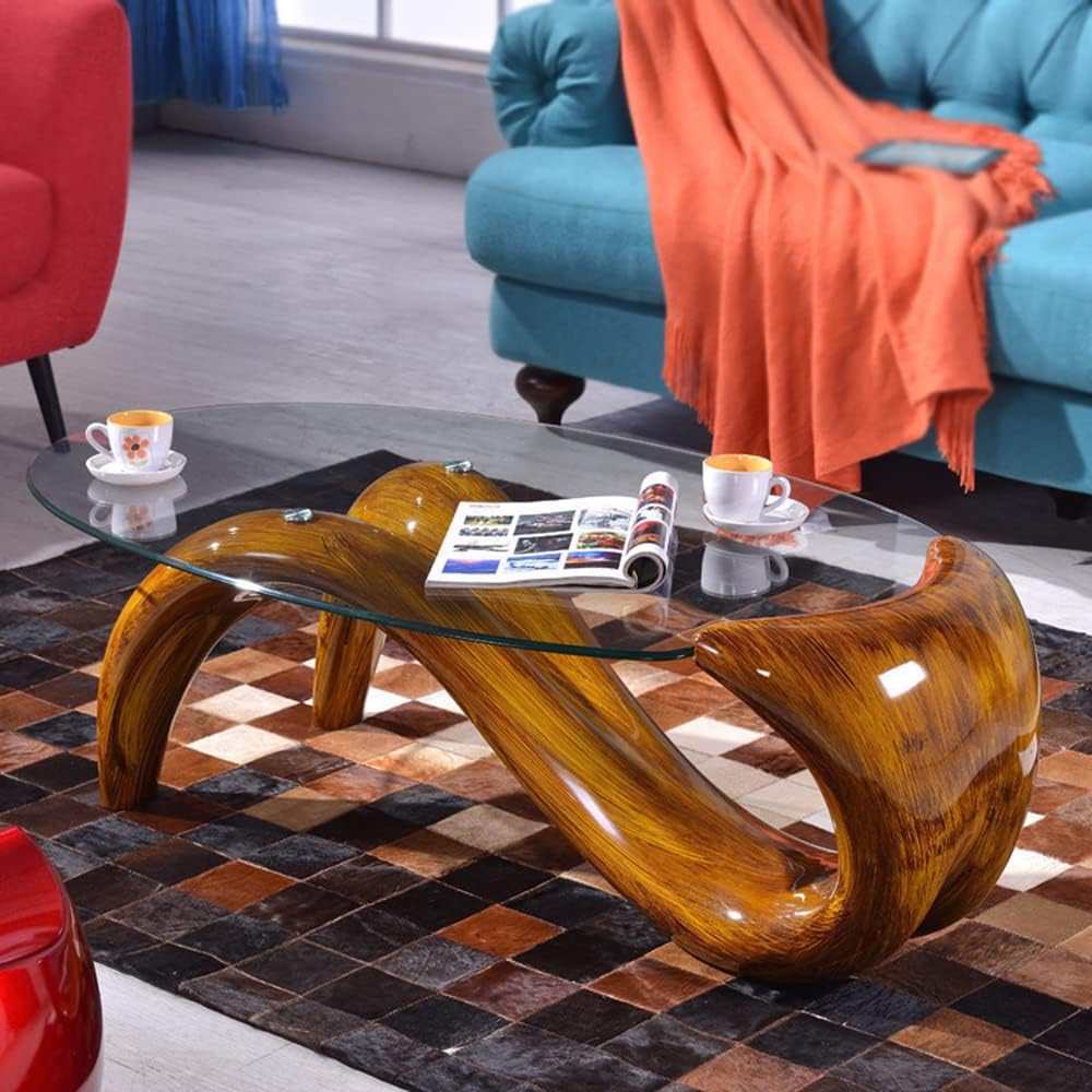 LITFAD Modern Glass-Topped Cocktail Table Oval Contemporary Coffee Table Creative Mermaid Living Room Table - Dark Wood 35.5' L x 21.7' W x 16' H