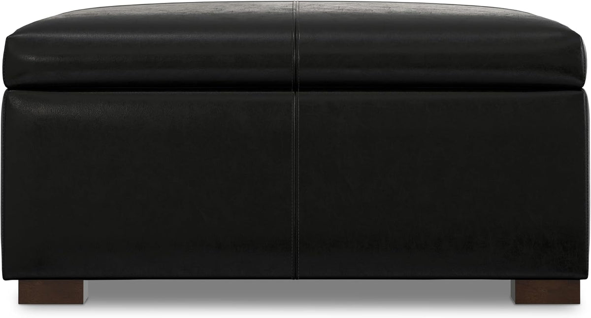 SIMPLIHOME Gabbie Storage Ottoman - 48 inch Wide Upholstered Vegan Leather Rectangle Storage Ottoman Bench in Midnight Black, Contemporary Ottoman for Living Room with Lift-Up Lid