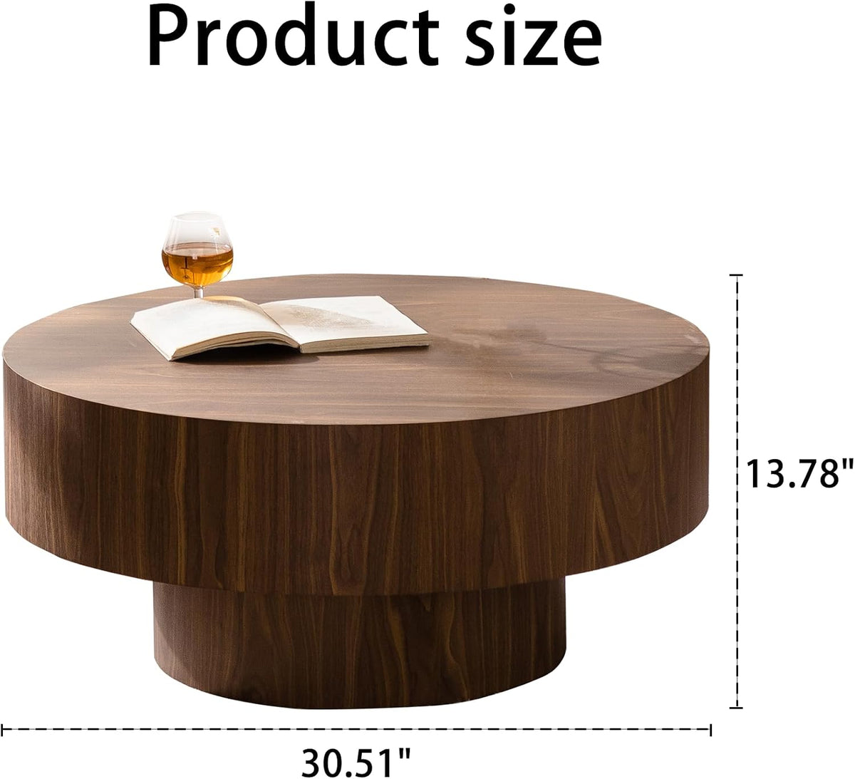 KEVINSPACE Round Wood Coffee Table, Fluted CoffeeTable Handcraft Drum TeaTable CenterTable for Living Room, Modern Wooden CocktailTable for Small Space, Easy Assembly 30.51' Walnut