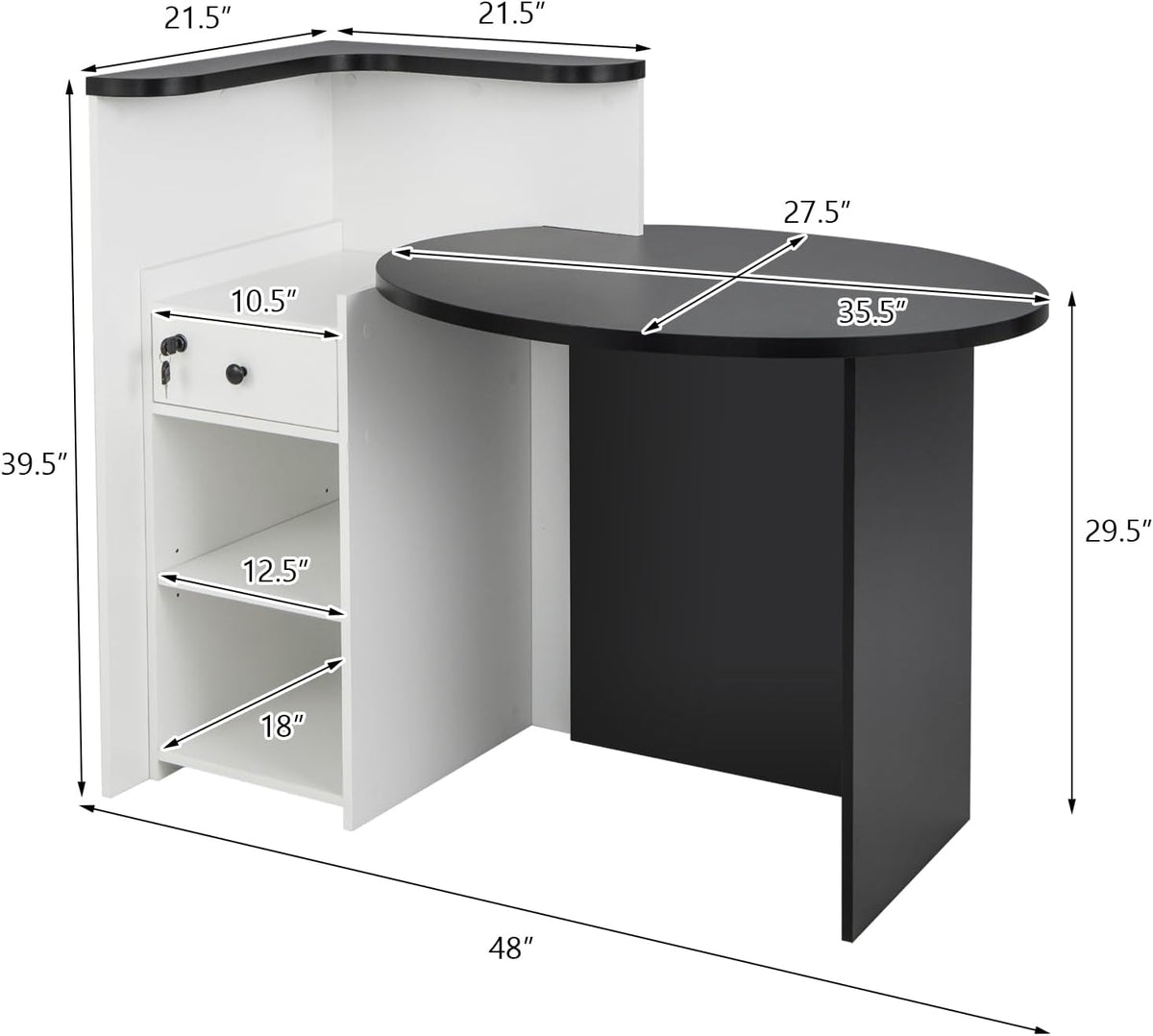 Reception Desk, Small Retail Checkout Counter with Lockable Drawer and Open Shelves, Wooden Computer Workstation for Home Office Lobby, White Oval Desktop & Black Counter